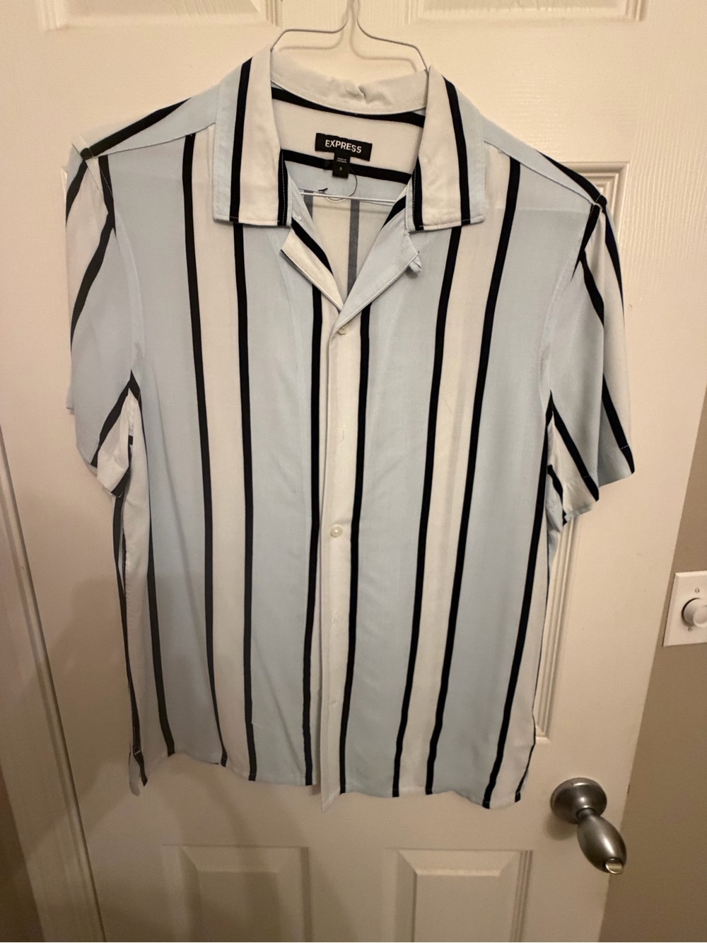 Express Light Blue and White Short Sleeve Vertical Stripe Rayon Shirt